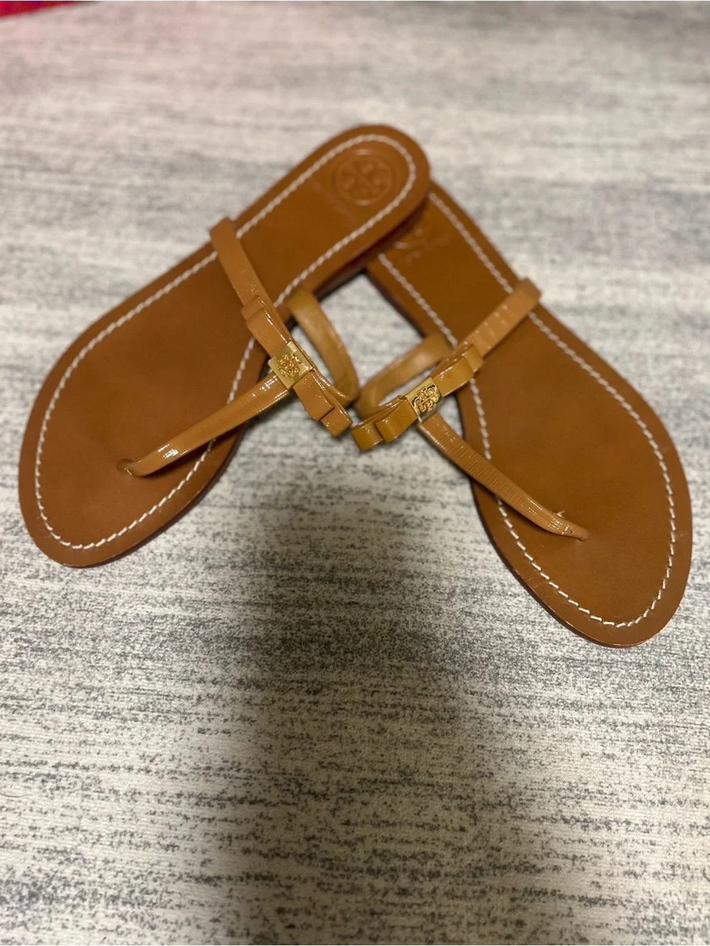Tory Burch Camel Tan Leather Thong Sandals with Logo Accent